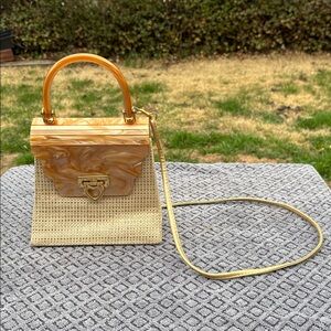 Woven Straw Top-Handle Crossbody Bag with Gold-Tone Acrylic Flap